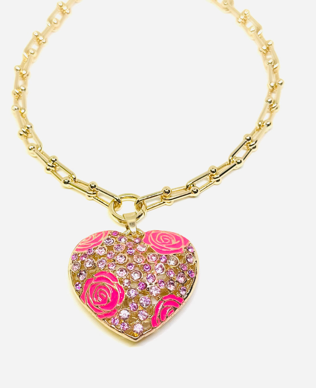 Pink Heart Necklace on Gold Cable Chain