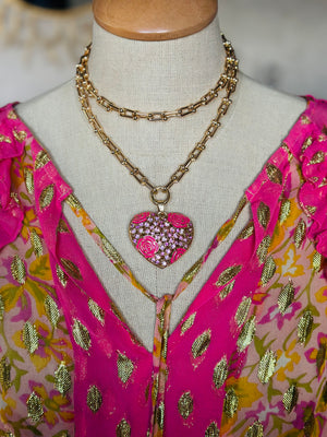 Pink Heart Necklace on Gold Cable Chain