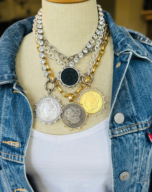 Bezel Set Gold Coin Necklace with Silver Vintage Rope Chain