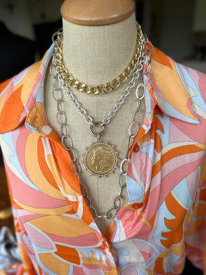 Bezel Set Gold Coin Necklace with Silver Vintage Rope Chain