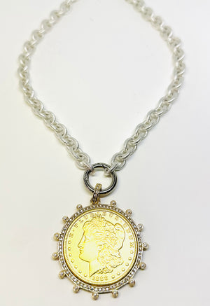 Bezel Set Gold Coin Necklace with Silver Vintage Rope Chain