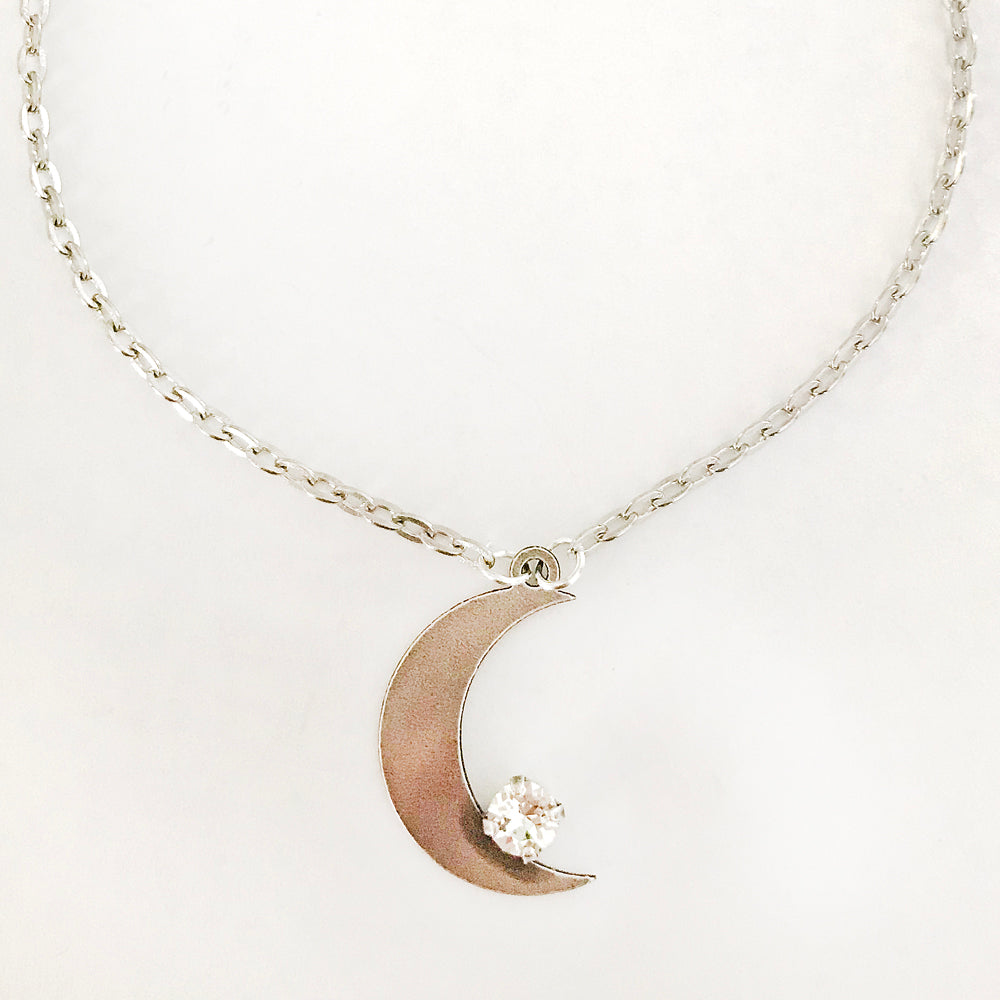 Moon Pendant Necklace with Crystal Setting – Antique Silver