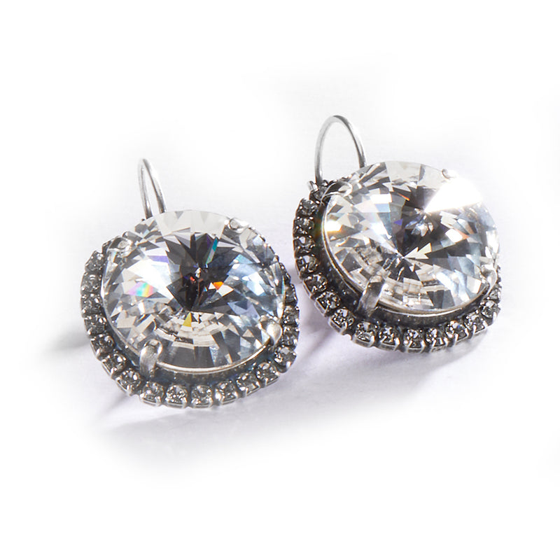18mm Leverback Antique Silver Earrings set in Crystal - Clear
