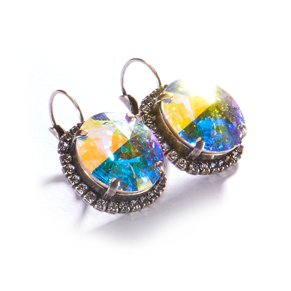 18mm Leverback Antique Silver Earrings set in Crystal - Aurora Borealis