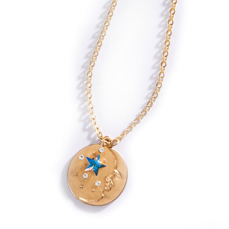 Bright Gold Matte Moon & Stars Necklace with Aurora Borealis Crystals