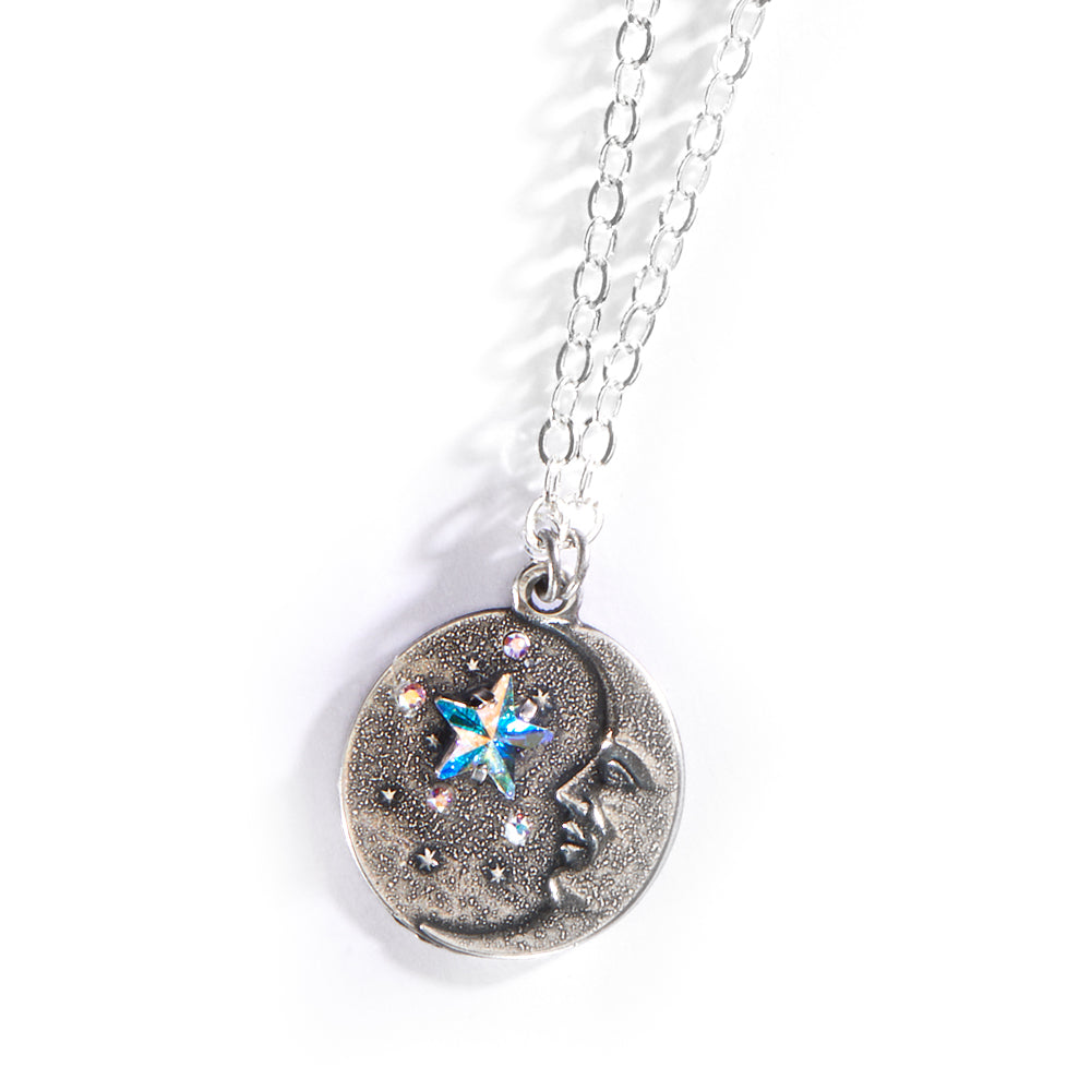 Star & Moon Necklace set in Antique Silver - Aurora Borealis