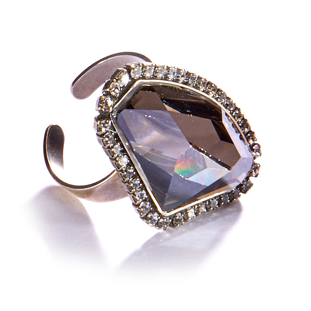 Asymmetrical Adjustable Ring in Clear Crystal Setting - Black Diamond