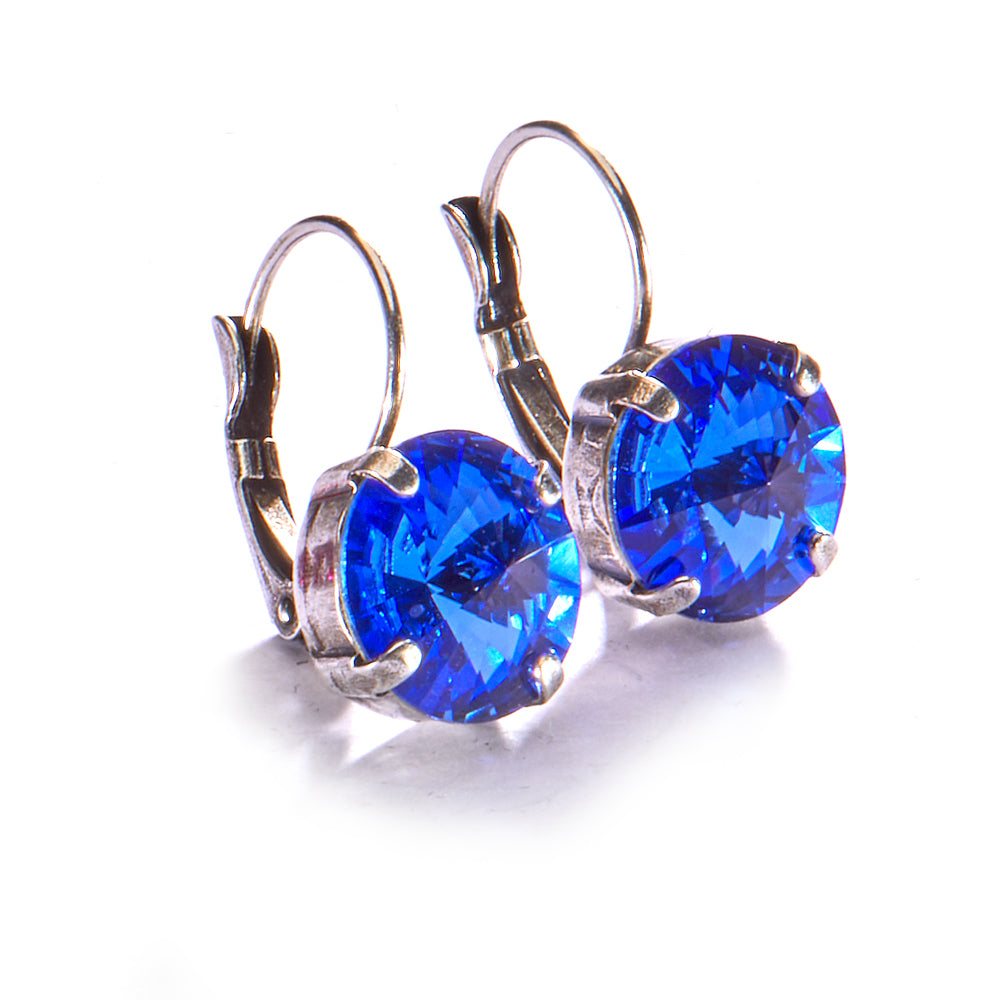 12mm Leverback Antique Silver Earrings - Sapphire Blue