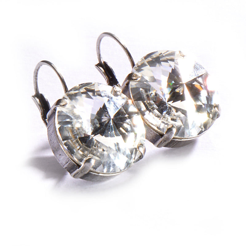18mm Leverback Antique Silver Earrings - Crystal