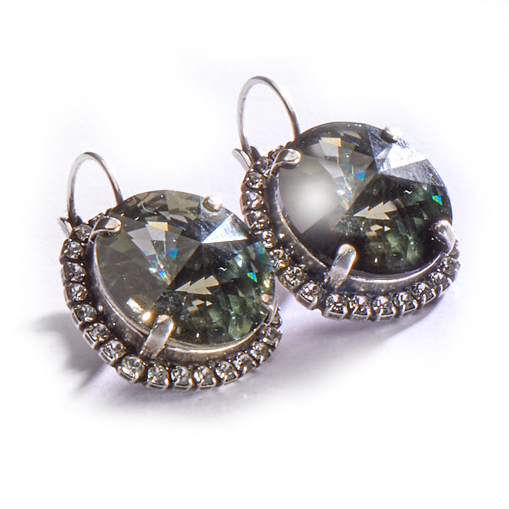 18mm Leverback Antique Silver Earrings set in Crystal - Black Diamond