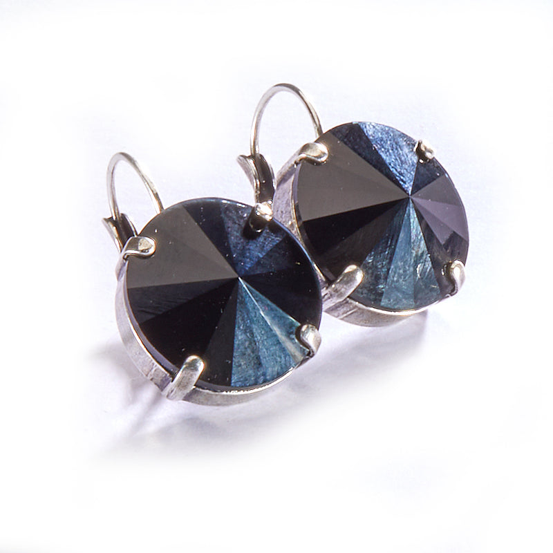 18mm Leverback Antique Silver Earrings - Jet Black