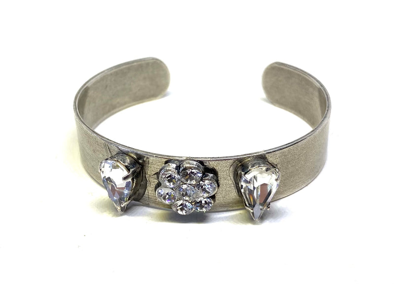 Daisy and Pear Shaped Crystal Open Bangle Bracelet set in Antique Silver