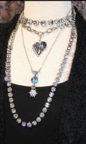 8mm Long Crystal Necklace Set in Antique Silver