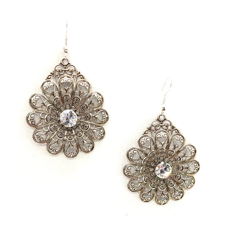 Filigree Silver Earrings with Crystal Center