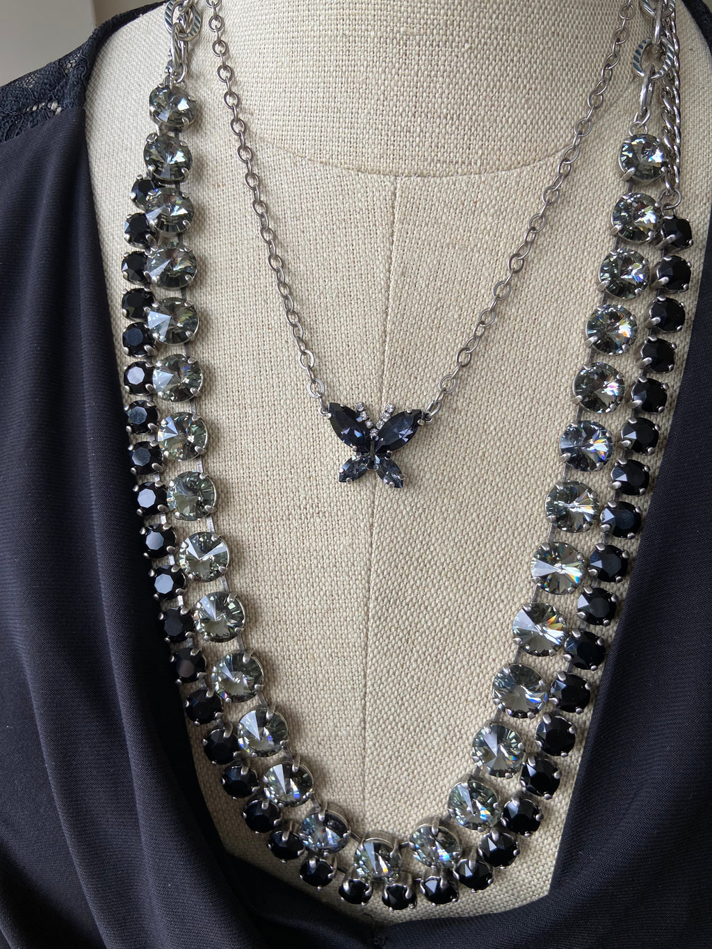 Long Black Diamond Necklace Set in Antique Silver