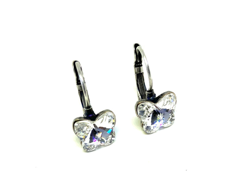 Leverback Crystal Butterfly Earrings  Set in Antique Silver