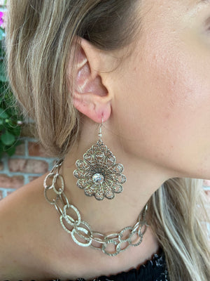 Filigree Silver Earrings with Crystal Center