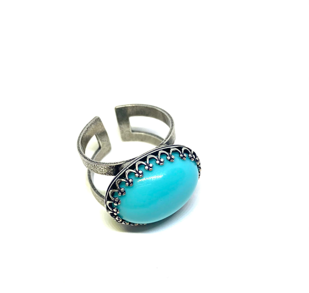 Adjustable Turquoise Oval Crown Horizontal Ring