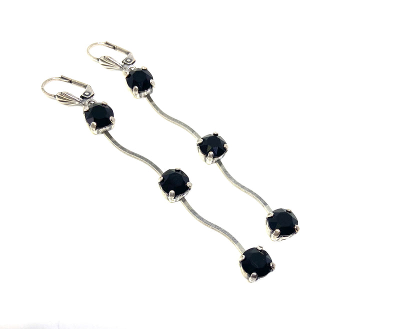 Three Stone Wavy Earrings Set in Antique Silver(Jet Black)