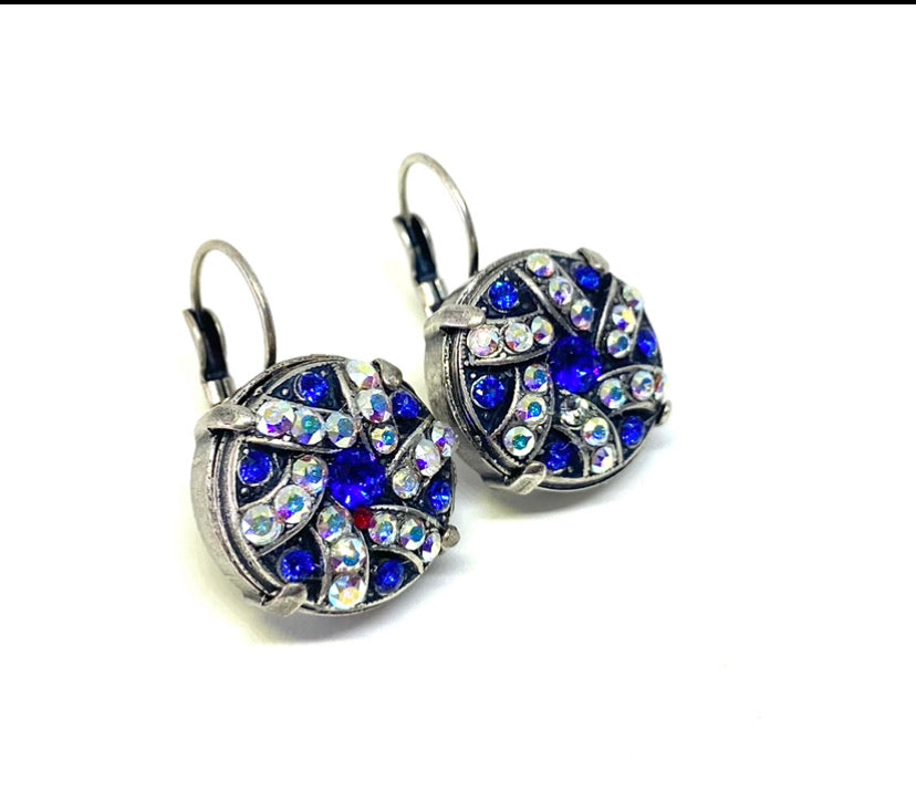 18mm Majestic Blue and Aurora Borealis Element Earrings Set in Antique Silver