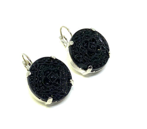 Black German Glass Leverback Earrings Set in Silver