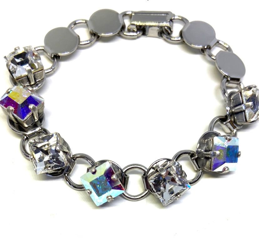 Silver 7 & 1/4th Inch Bracelet with Seven Square Cut Crystals