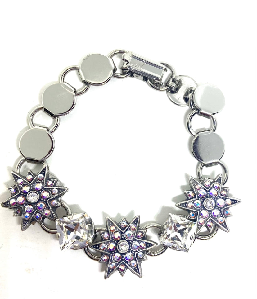 Silver 7 & 1/4th Inch Bracelet with Star Elements and Square Cut Crystals